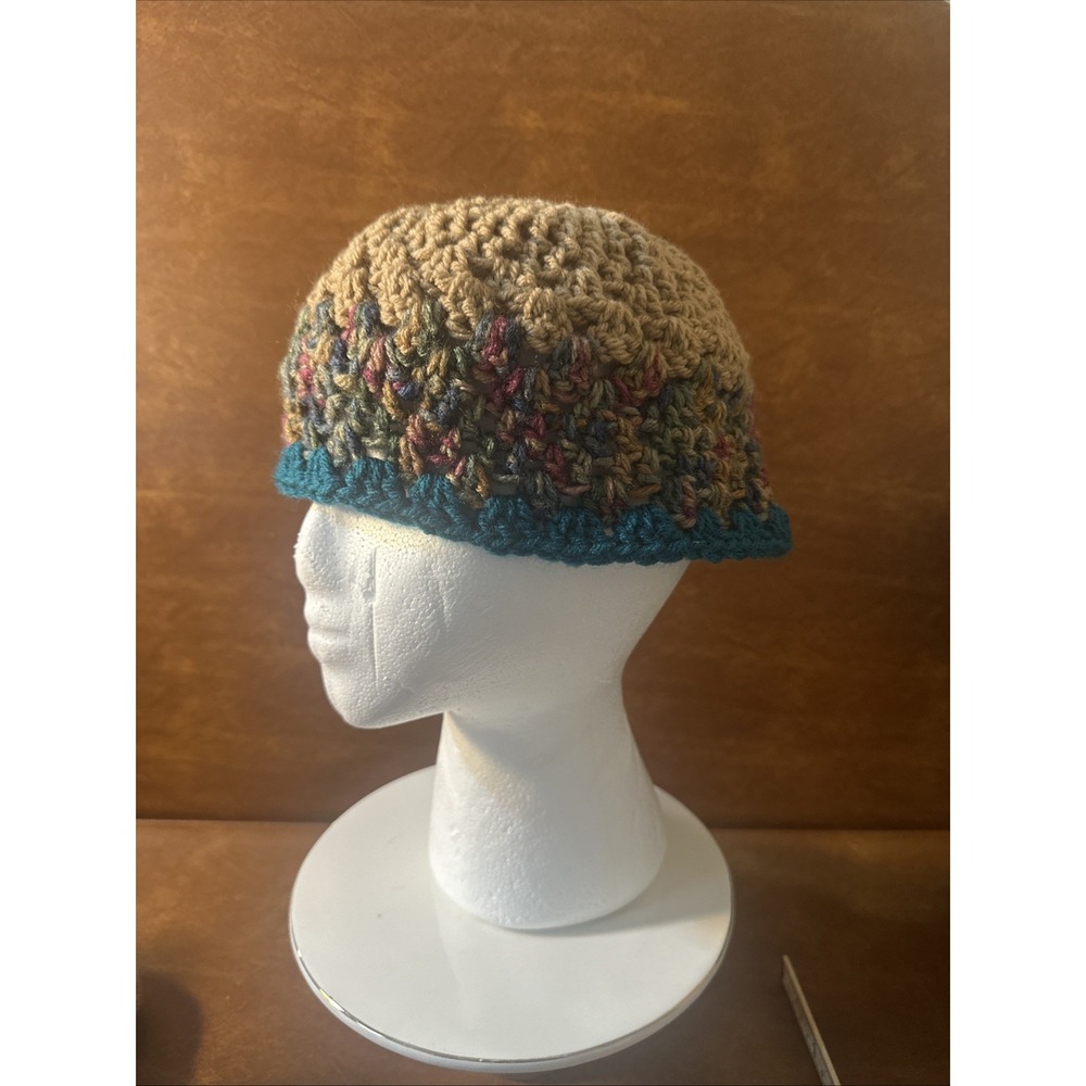 Adult Handmade Crochet Skull Cap Kufi Tans, Blues, And Greens